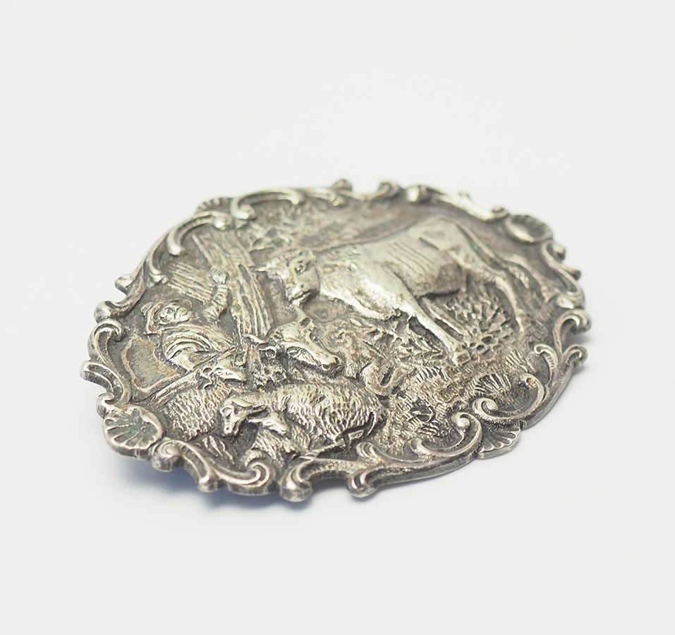 Zilpla 90 plate silver cow sheep farming scene antique repousse pin