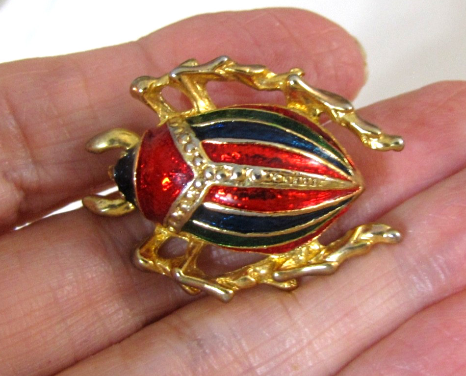 Vintage Enamel Beetle Pin Brooch Lot Gold Tone Lady Bug Flying Insect Rhinestone