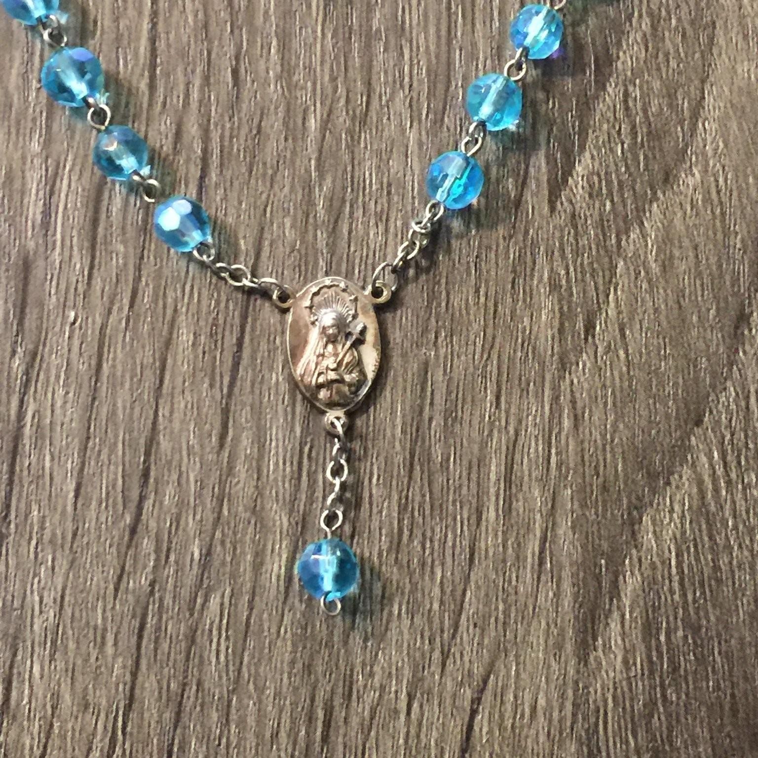 Vintage Rosary Necklace Silver Tone Faceted Acrylic Aqua Blue Beads