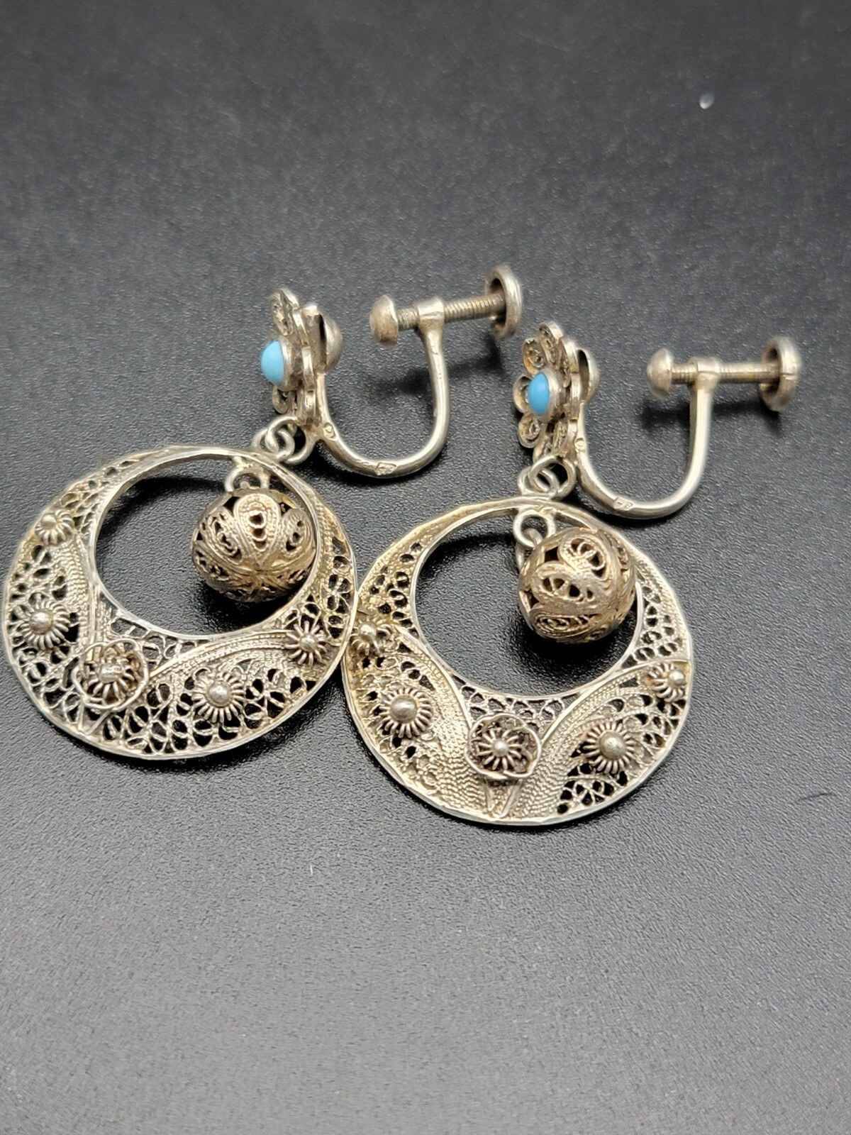 833 Silver Filigree Drop Earrings Turquoise Accent Dangle Vintage Ethnic