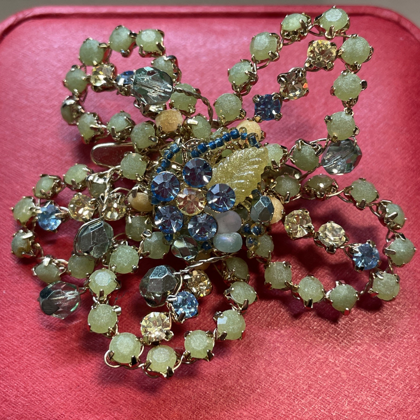 Vtg Tiara Misu Polychrome Flower Brooch Hair Clip Pin Green Rhinestones