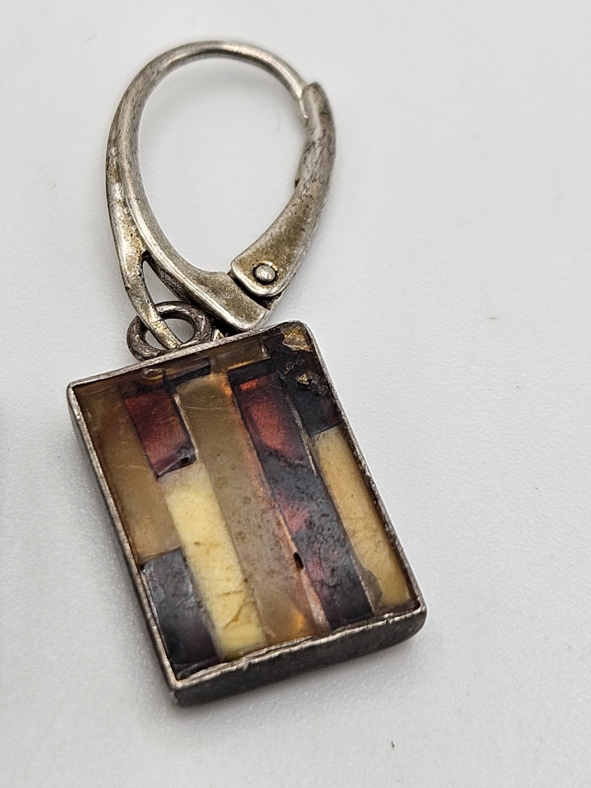 Vintage Sterling Silver Multicolor Amber Inlay Dangle Petite Earrings
