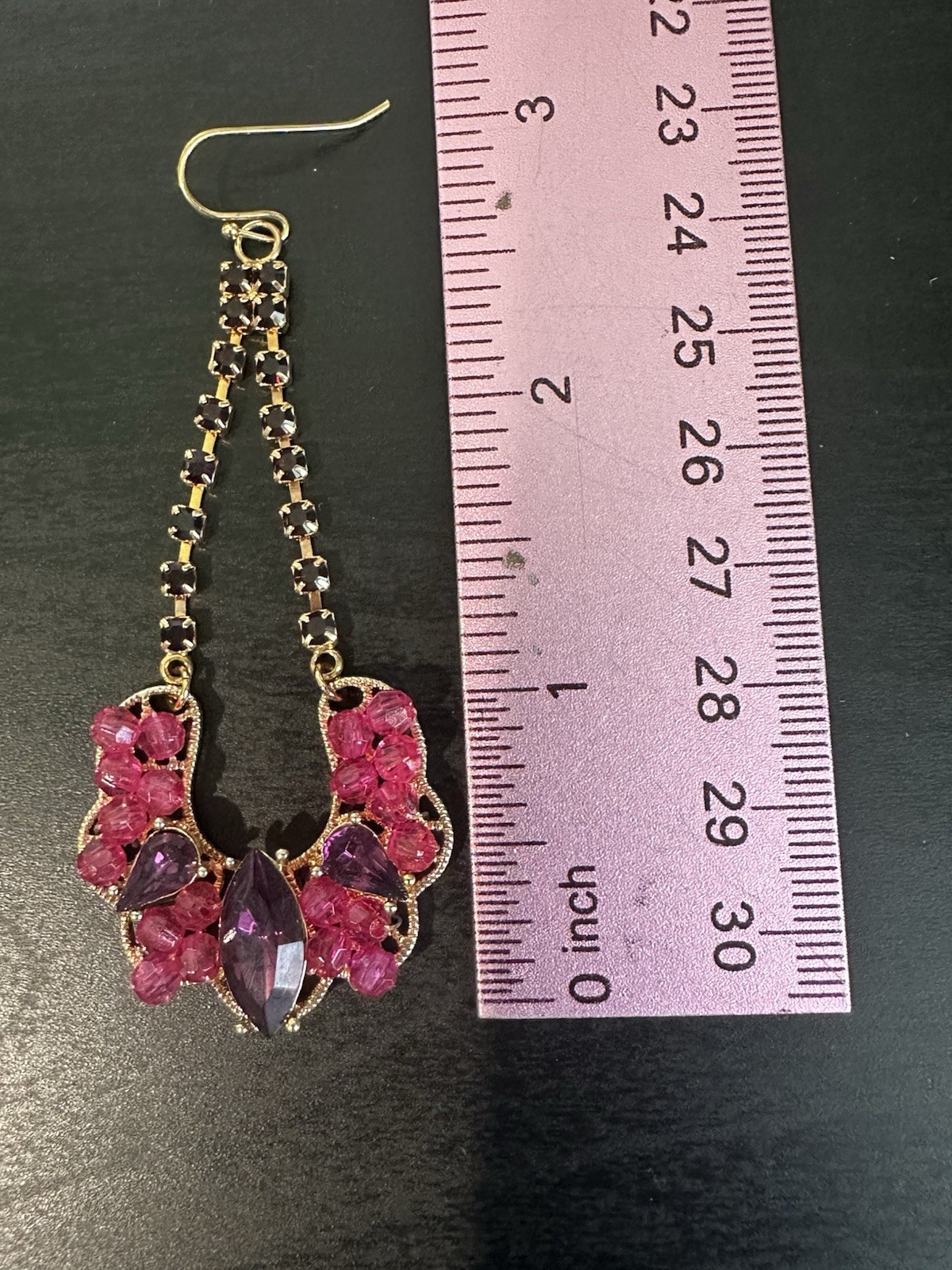 Nice Vintage Gold Tone Pink Purple Deep Red Rhinestone Dangle Hook Earrings