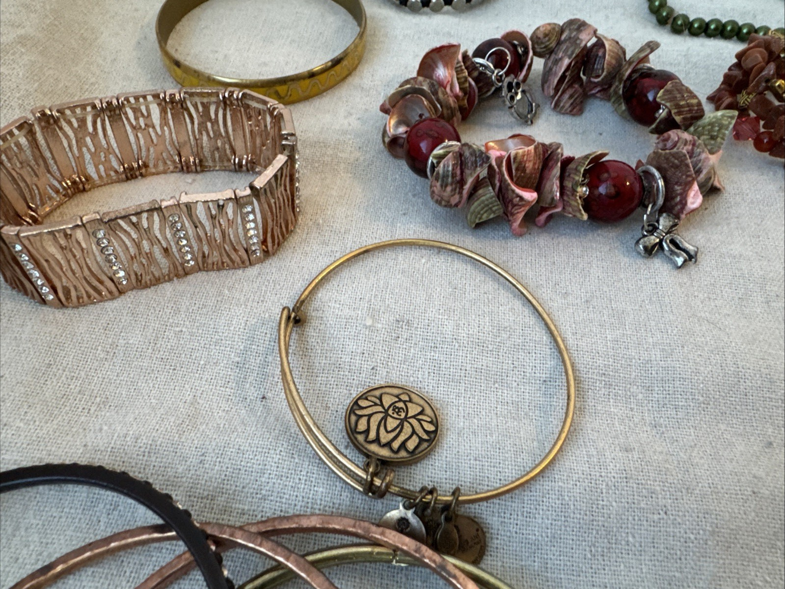 14 Bracelets earthtones glass beads shell textured Goldstone Lot boho 90s hippie