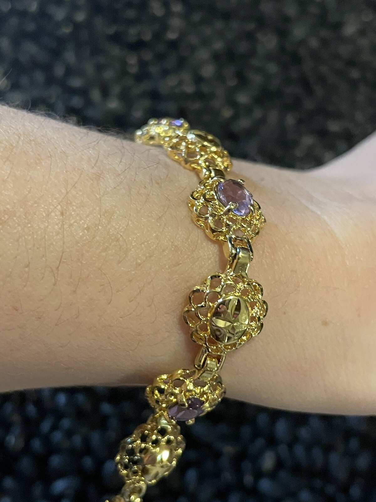Sterling Silver Gold Vermeil Purple Amethyst Etched Open Work Tennis Bracelet