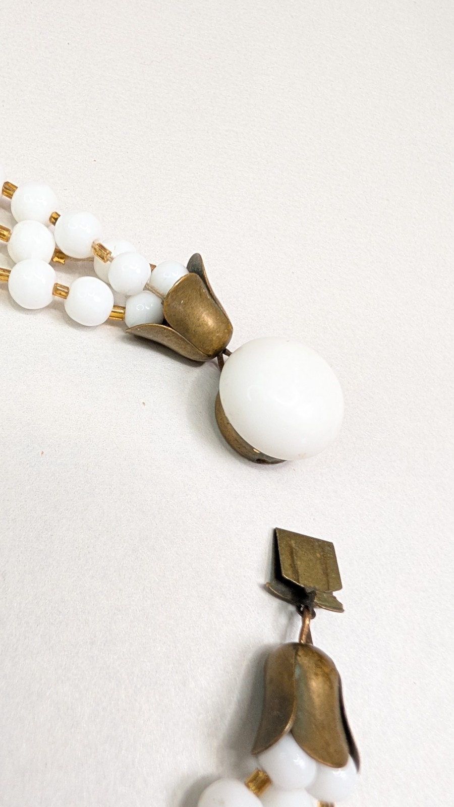 1950s Milk Glass Necklace Triple Strand With Brass Tulip Caps Glass Clasp 16.5in