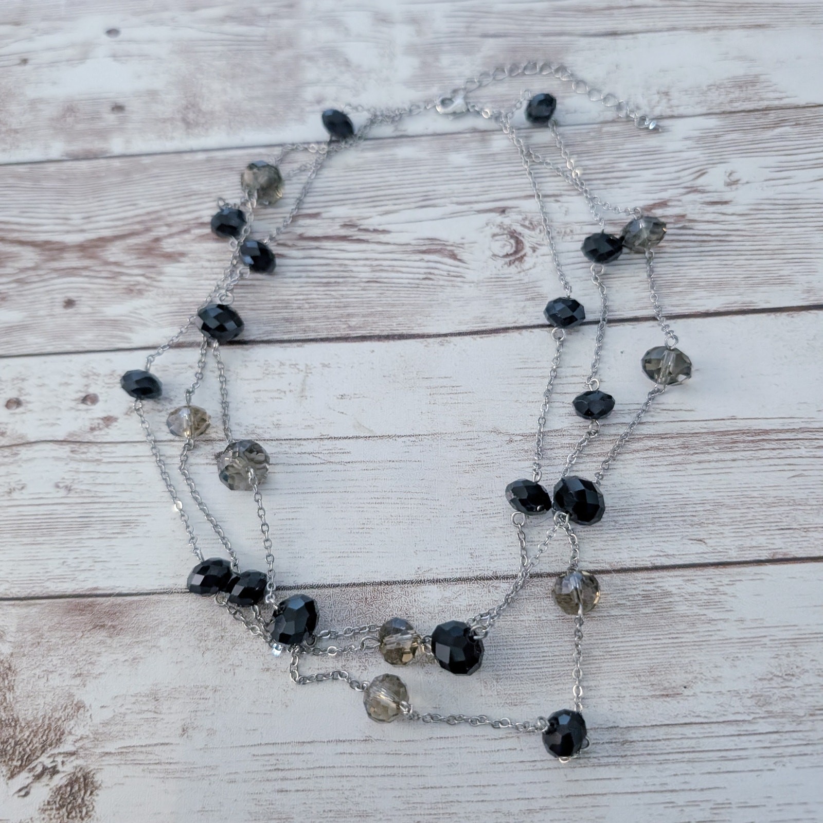 Vintage Necklace Layered Silver Tone with Black & Grey Beads