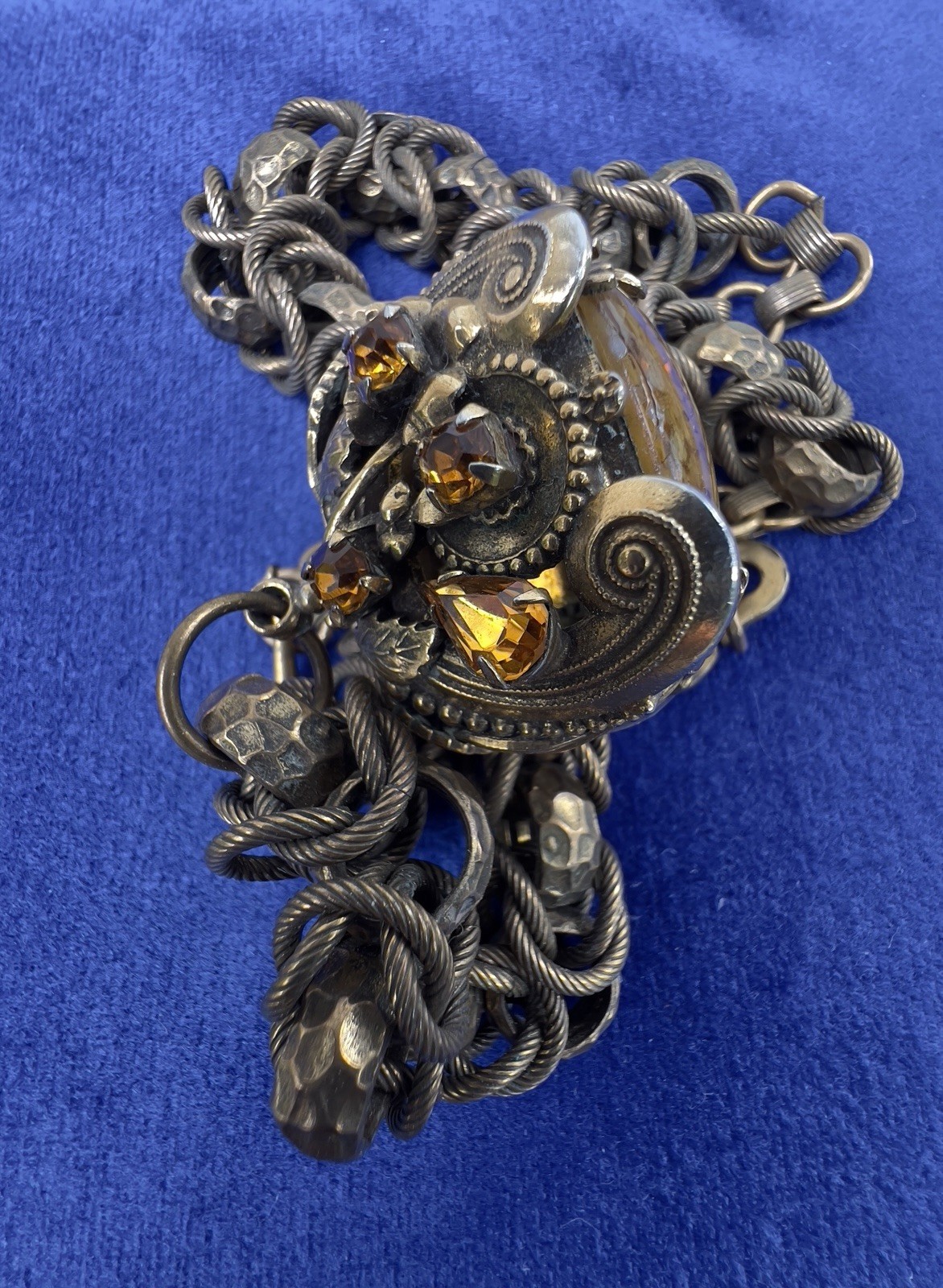 VTG HENKEL & GROSSE Victorian Revival Rhinestone & Art Glass Fob Necklace RUNWAY