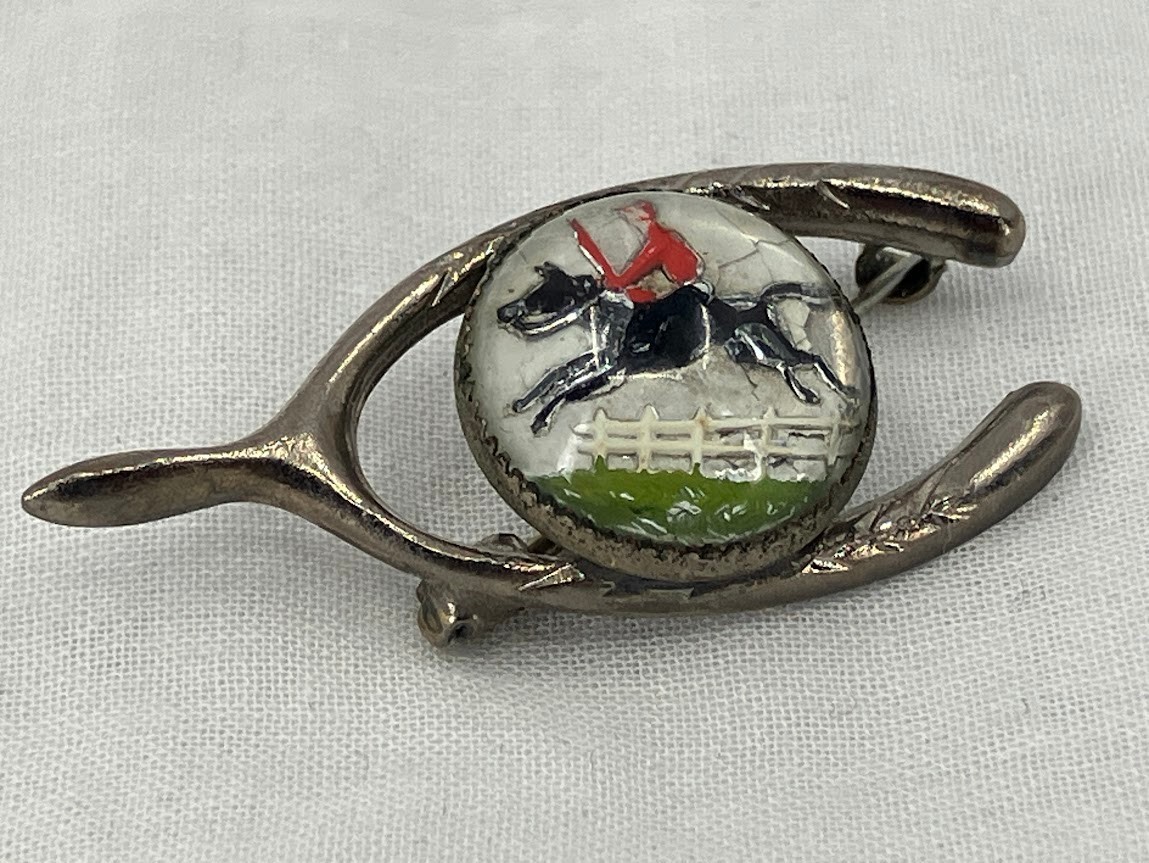Vintage Reverse Carved Crystal Brooch Equestrian Horse Lucky Pin