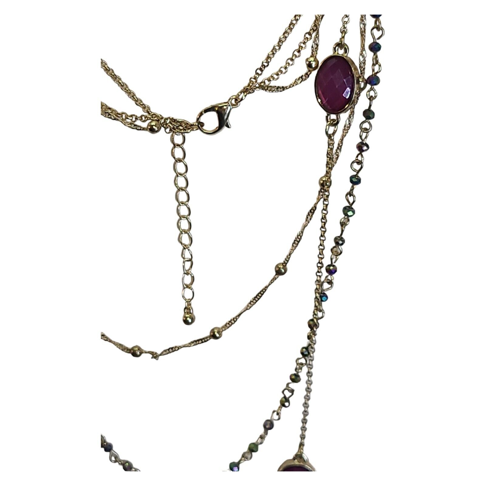 Gold Tone 3 Strand Aurora Borealis Crystal & Pink Acrylic Station Necklace 32″