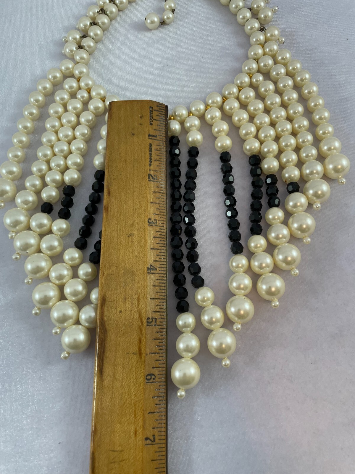 Vtg MARVELLA Fringe Bib Collar Faux Pearl Black Faceted Crystal Choker Necklace