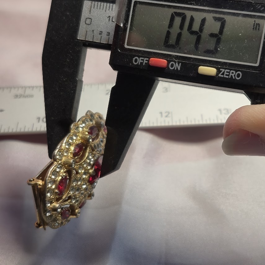 2.5 Inch Fur Dress Clip Vintage 1950 Gold Tone with Red Marquise Clear Round gem