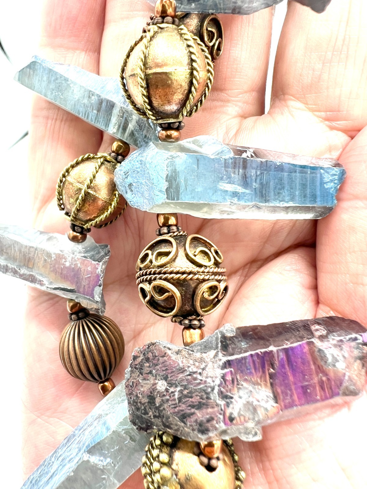 Artisan Raw Crystal & Brass Tone Statement Necklace-Unique handmade Boho Design