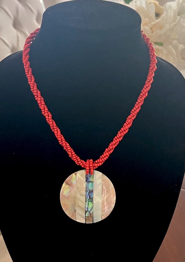 Vintage Abalone Shell Coral Seed Beaded Twist Pendant Disc Statement Necklace