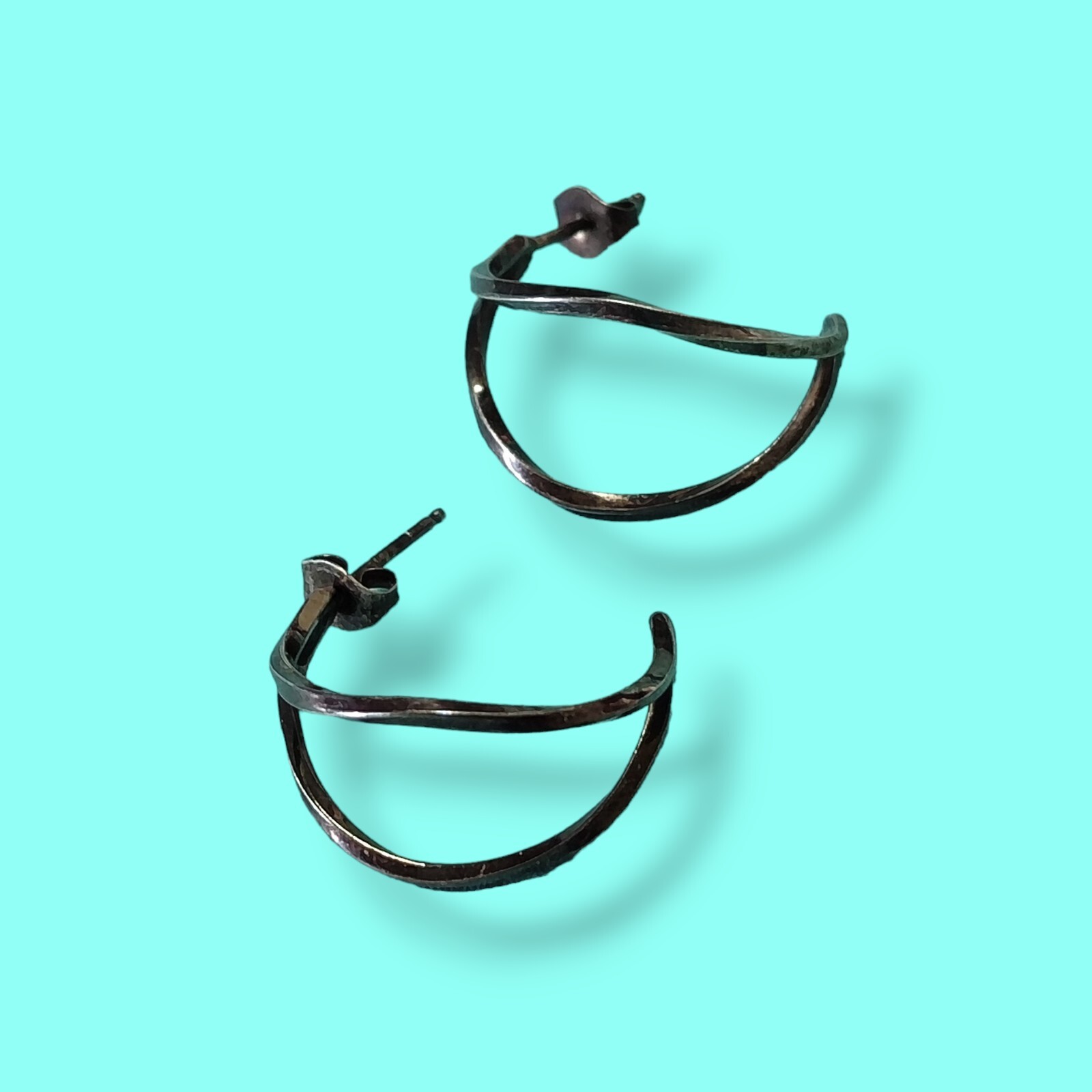 Sterling Silver Twist Wire Half Hoop Earrings Vintage Heavy Patina Signed
