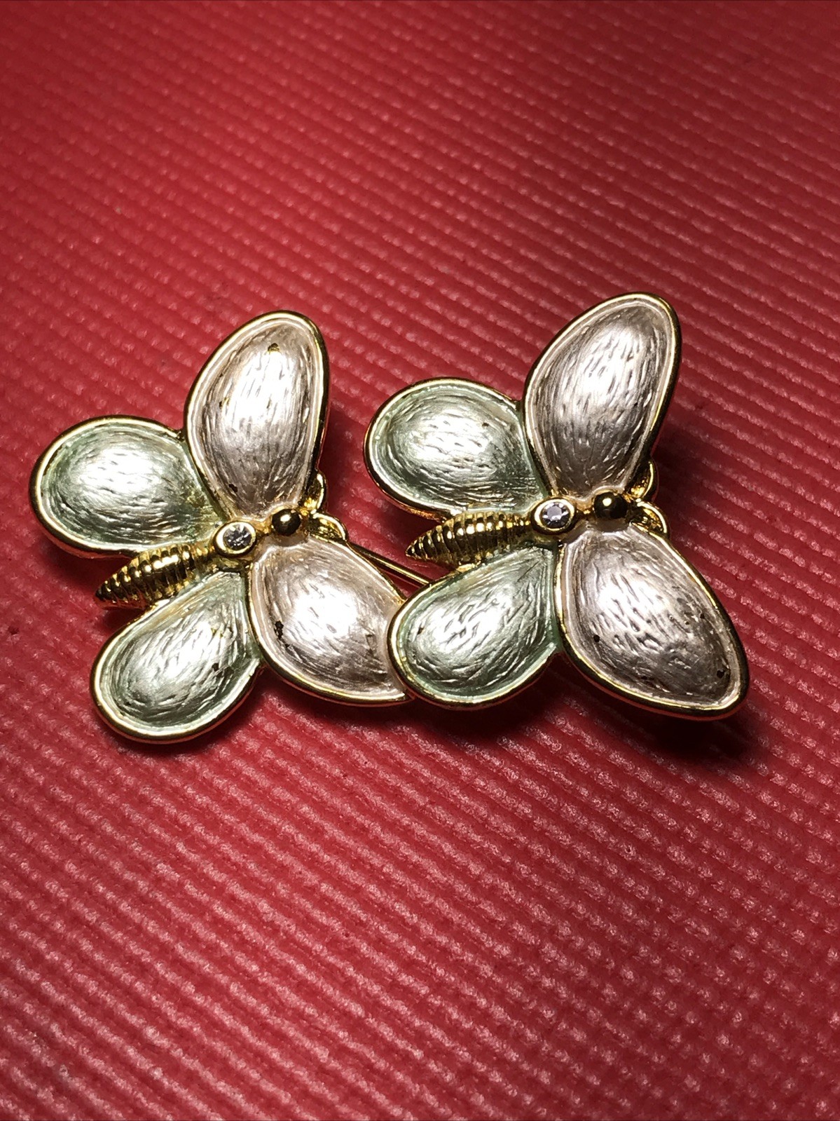 Vintage Pink and Green Brushed Double Butterfly Brooch Pin Gold Tone