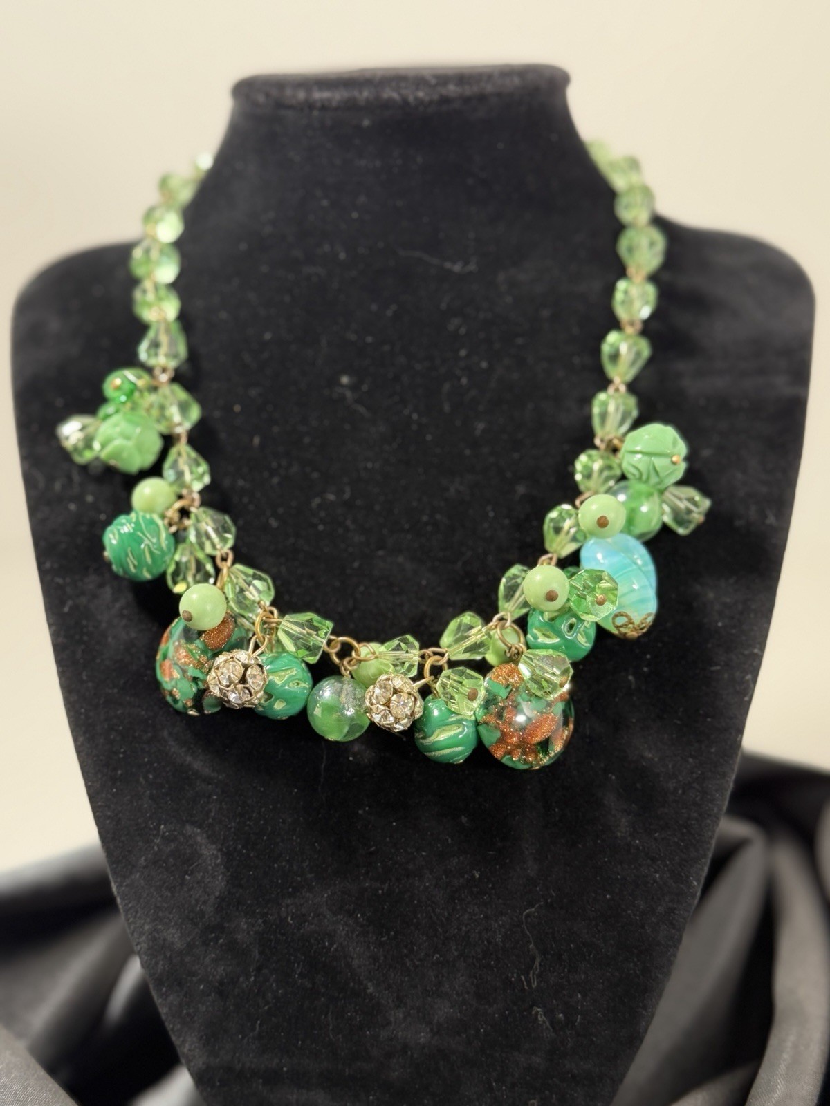 Stunning Vintage Green Bauble Faceted Czech Glass Necklace 16”