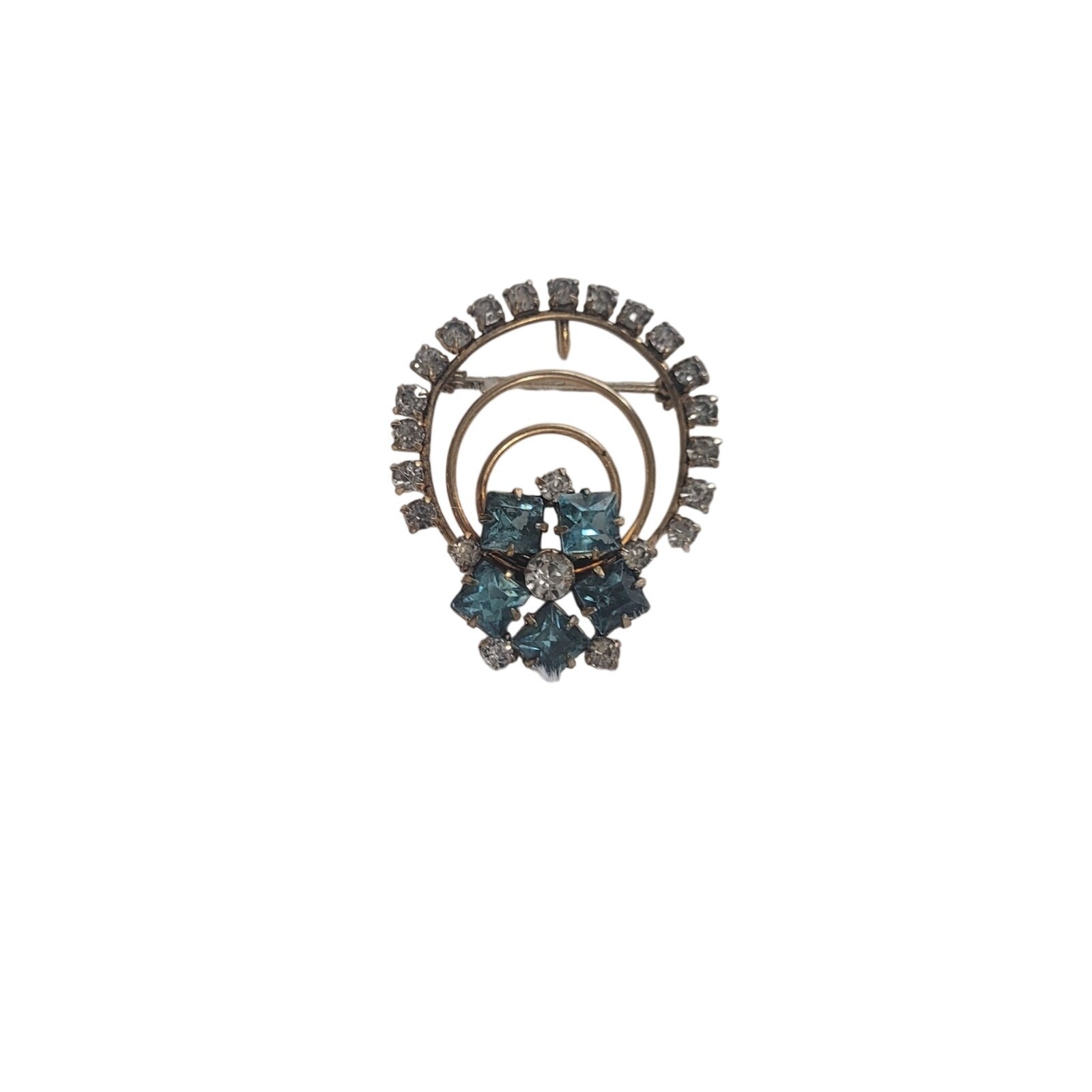 Brooch Or Pendant in Gold Tone with Clear & Teal Color Rhinestones