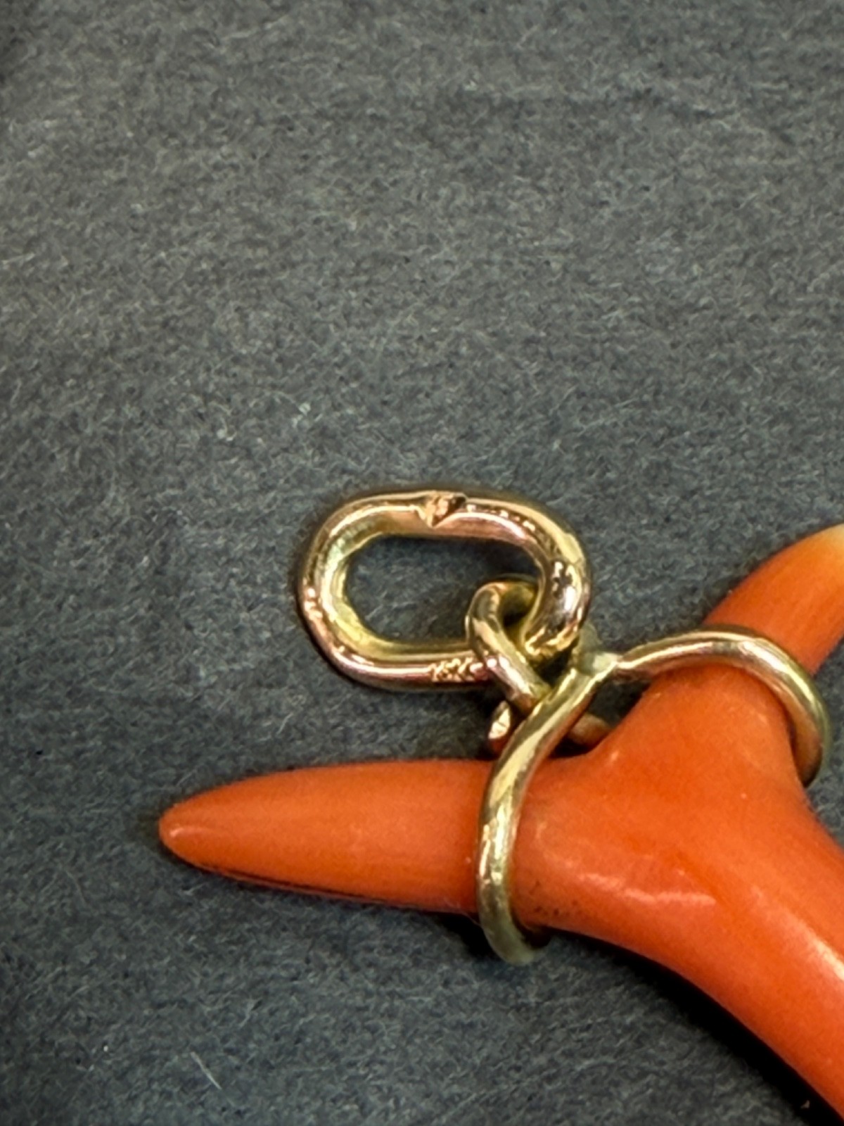 19c. Victorian 14k Gold Red Undyed Coral Phallus Fertility Amulet Fob Pendant