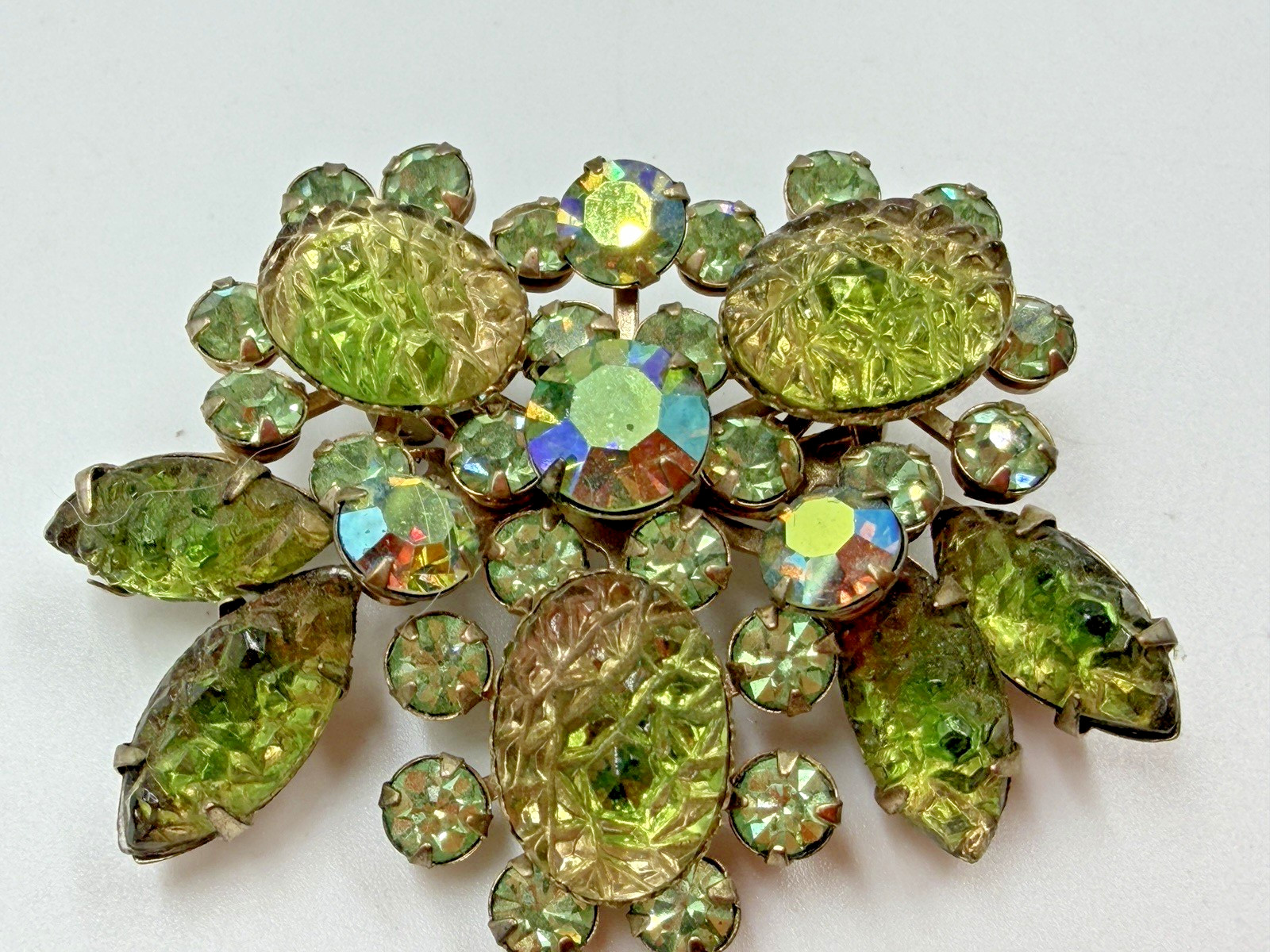 Vintage Brooch Rhinestone Green Geode Cut Givre Estate