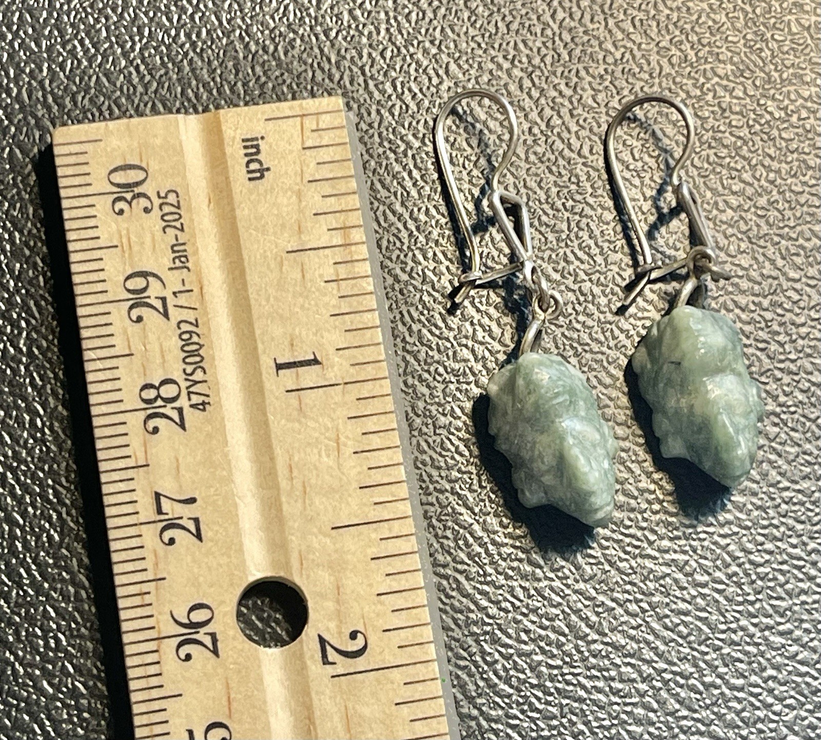 Vintage Mayan Aztec Mask Head Dangle Earrings Green Face Jade (?) Stone Silver