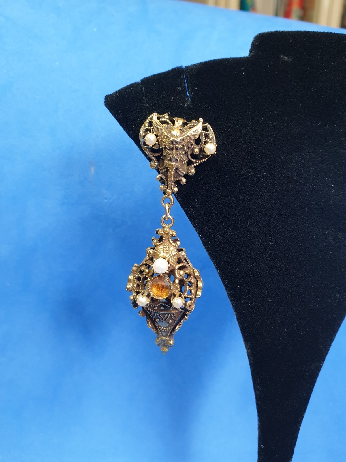 Vtg Old Man Of The Forest Antique Brass Earrings Whimsical Fantasy Fairy Tale