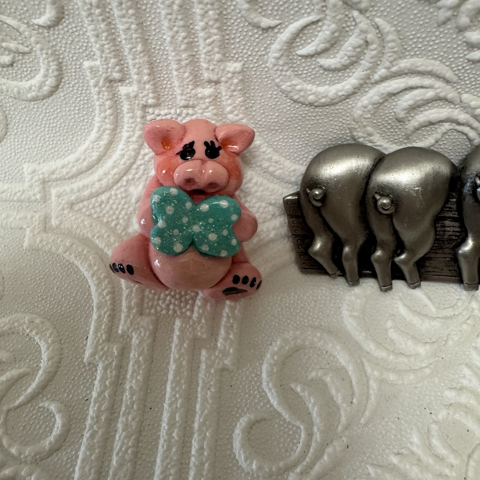 Vintage Pig Brooch Pins *Lot Of 5* Some Signed JJ Silver Tone Pewter Ceramic 3D