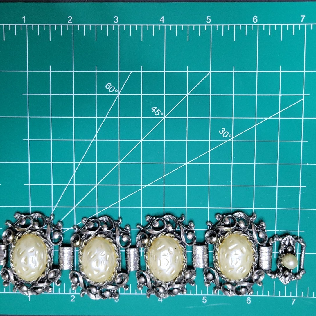 Vintage Silver Tone Faux Pearl Molded Resin Panel Bracelet 7.25in Victorian 60s