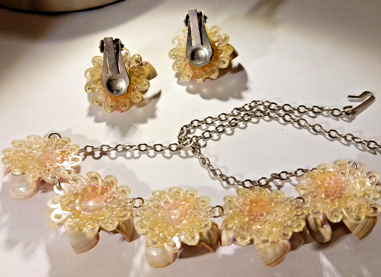 Vintage Purple Conch Shell Necklace, Earrings, Brooch Pink White Rhinestone Set