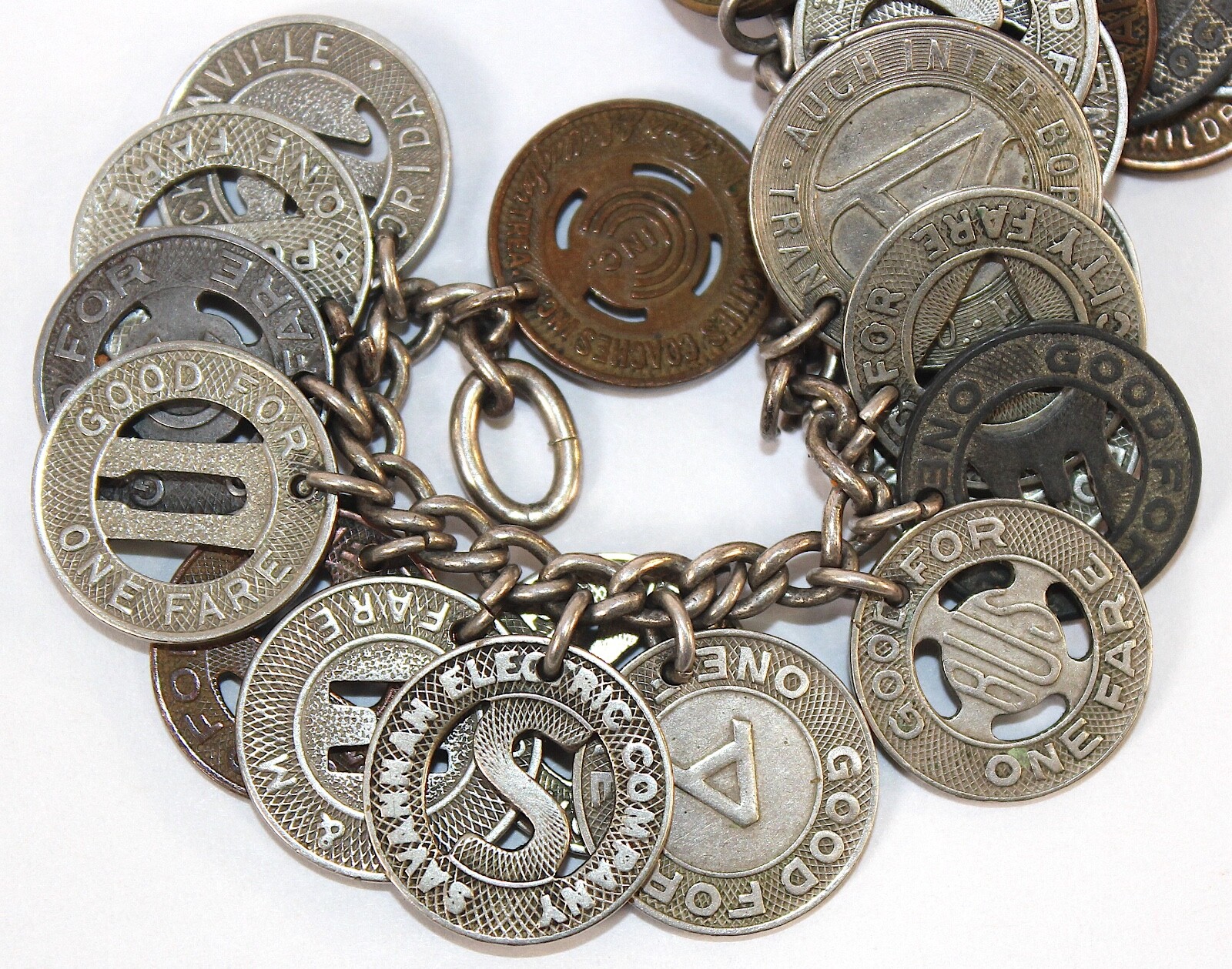 Vintage 1930’s-1950’s Transportation Token, Transit, Bus, Subway Charm Bracelet