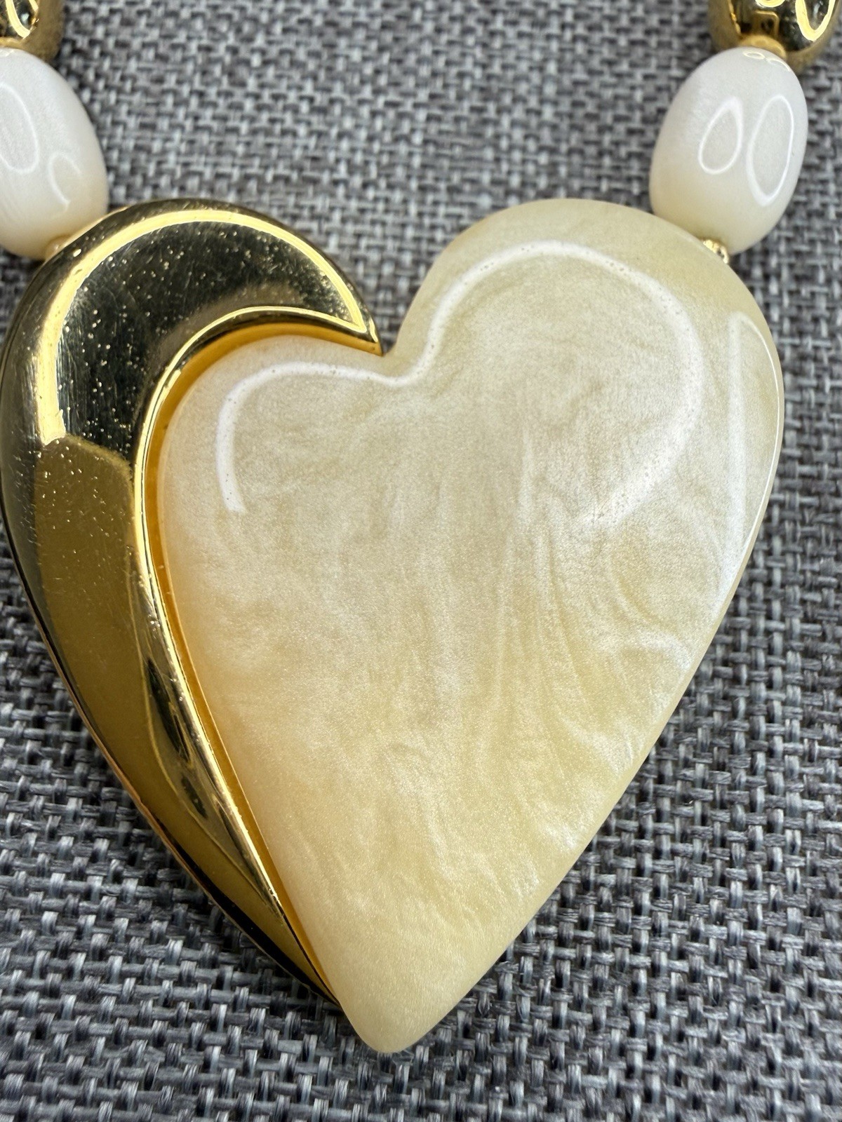 Vintage Napier Beige Lucite Bead Necklace with Cream and Gold Heart Pendant