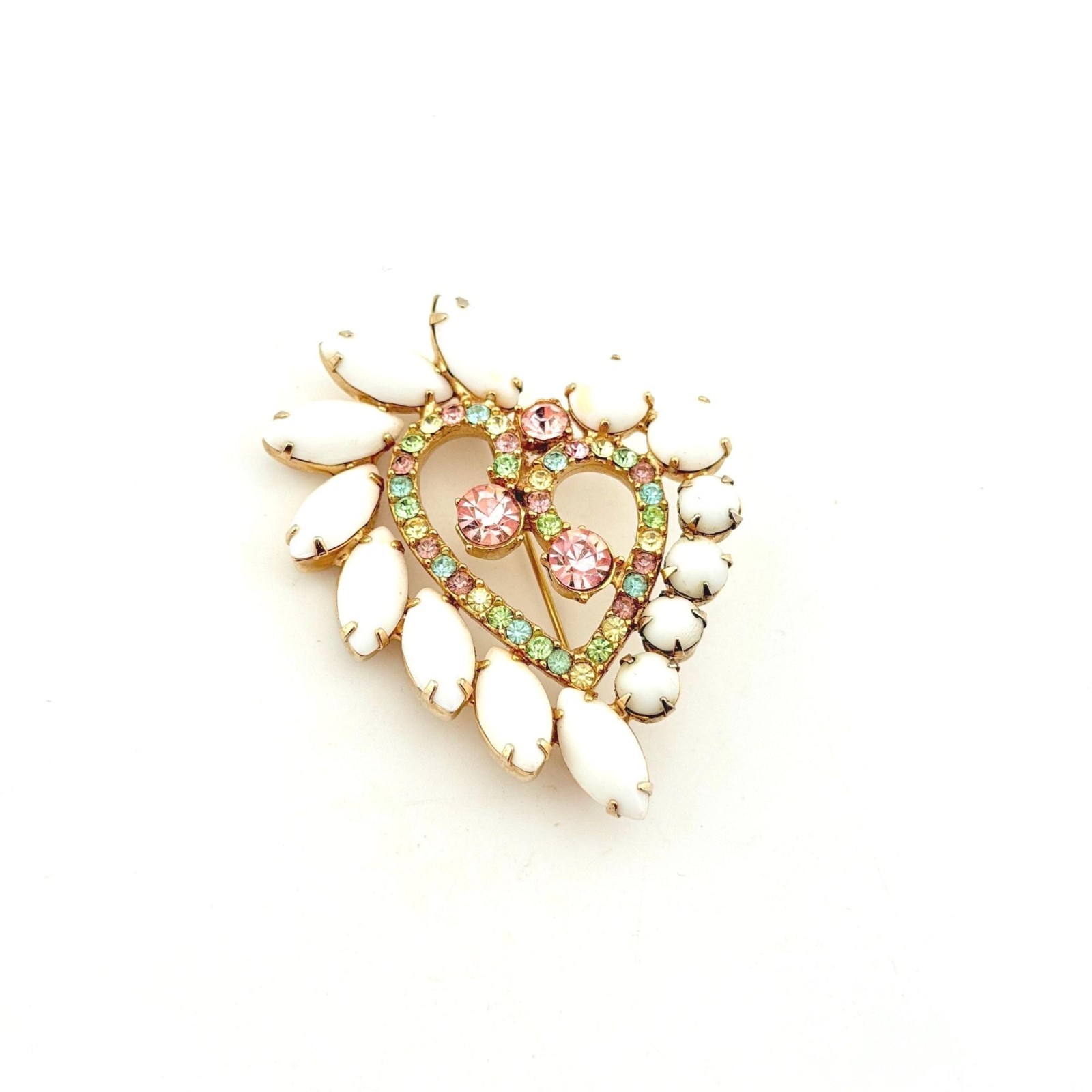 Vintage Juliana White Milk Glass Heart Brooch Rhinestone Green Pink Costume Gift