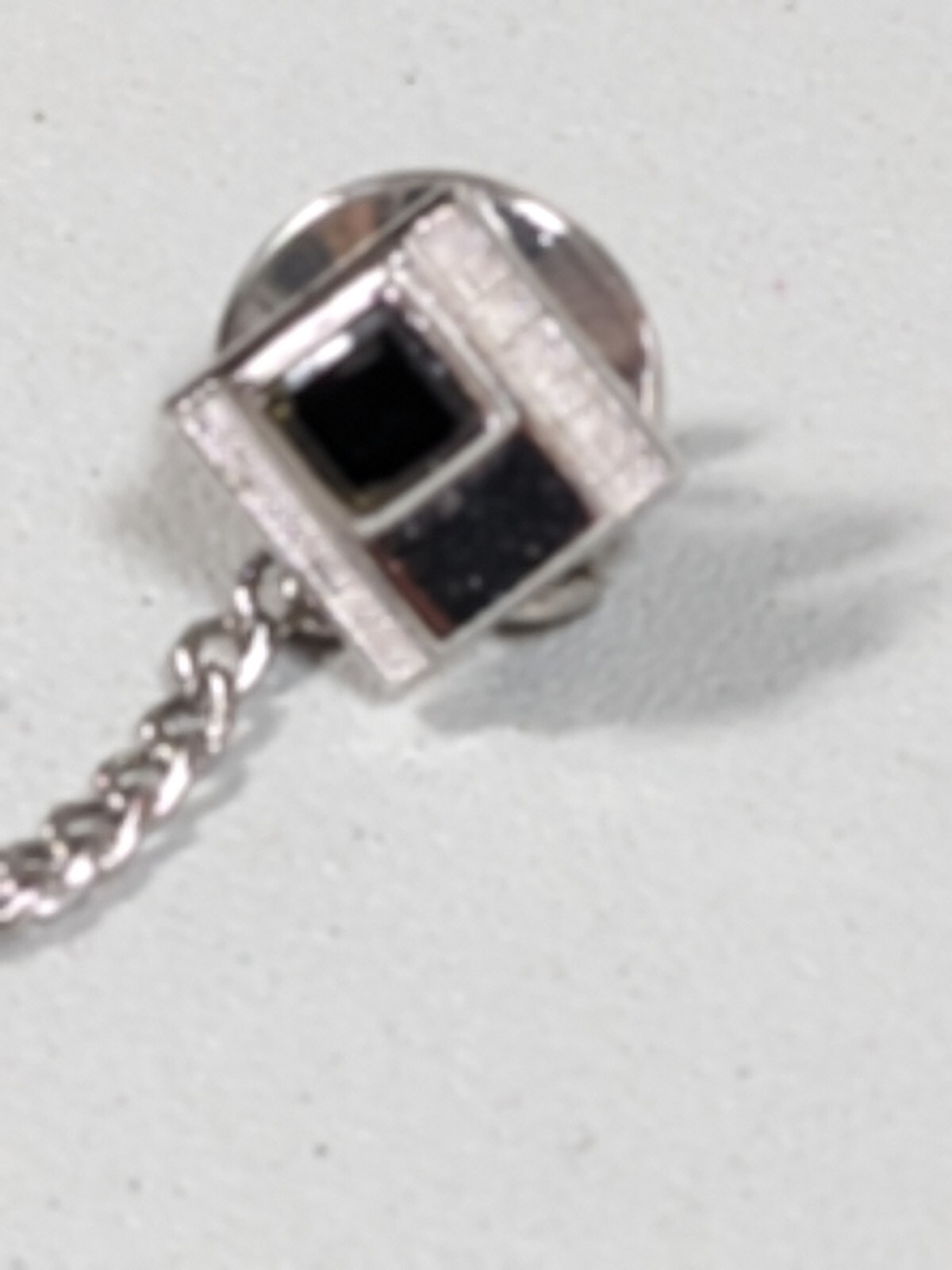 Vintage Swank Silver Tone Black Glass Square Tie Tack With Chain Pin