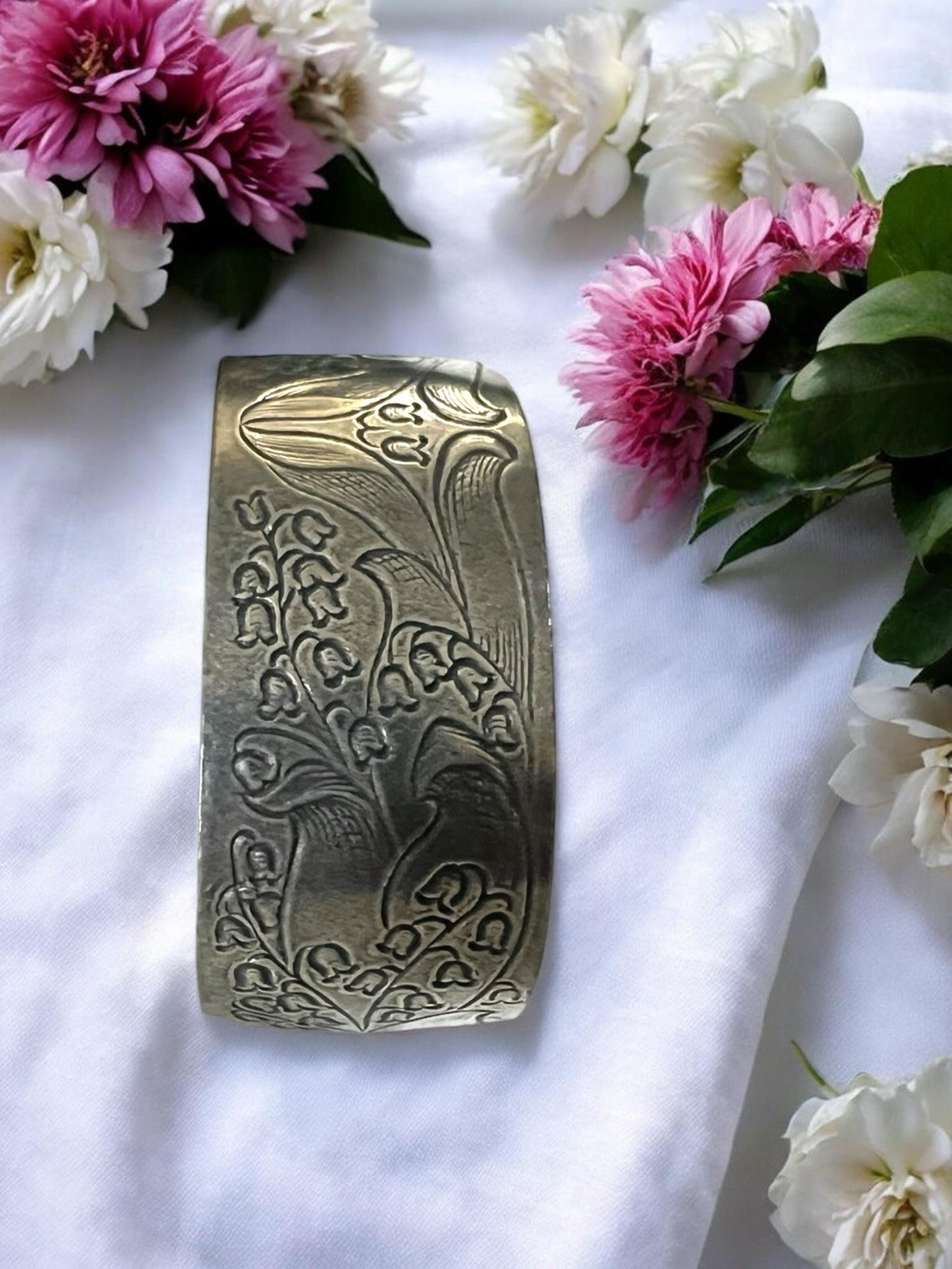 Salisbury Pewter Flower of the Month May Lilly Of Valley 2” Wide Cuff Bracelet