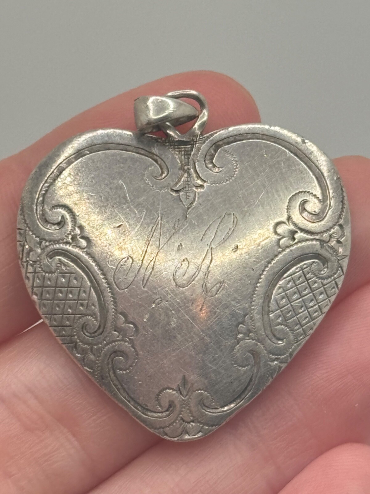 Antique Victorian Sterling Silver Monogram Engraved Heart Pendant