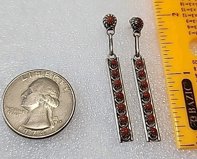 Antique silvertone red coral stone slender dangle drop intricate designed…