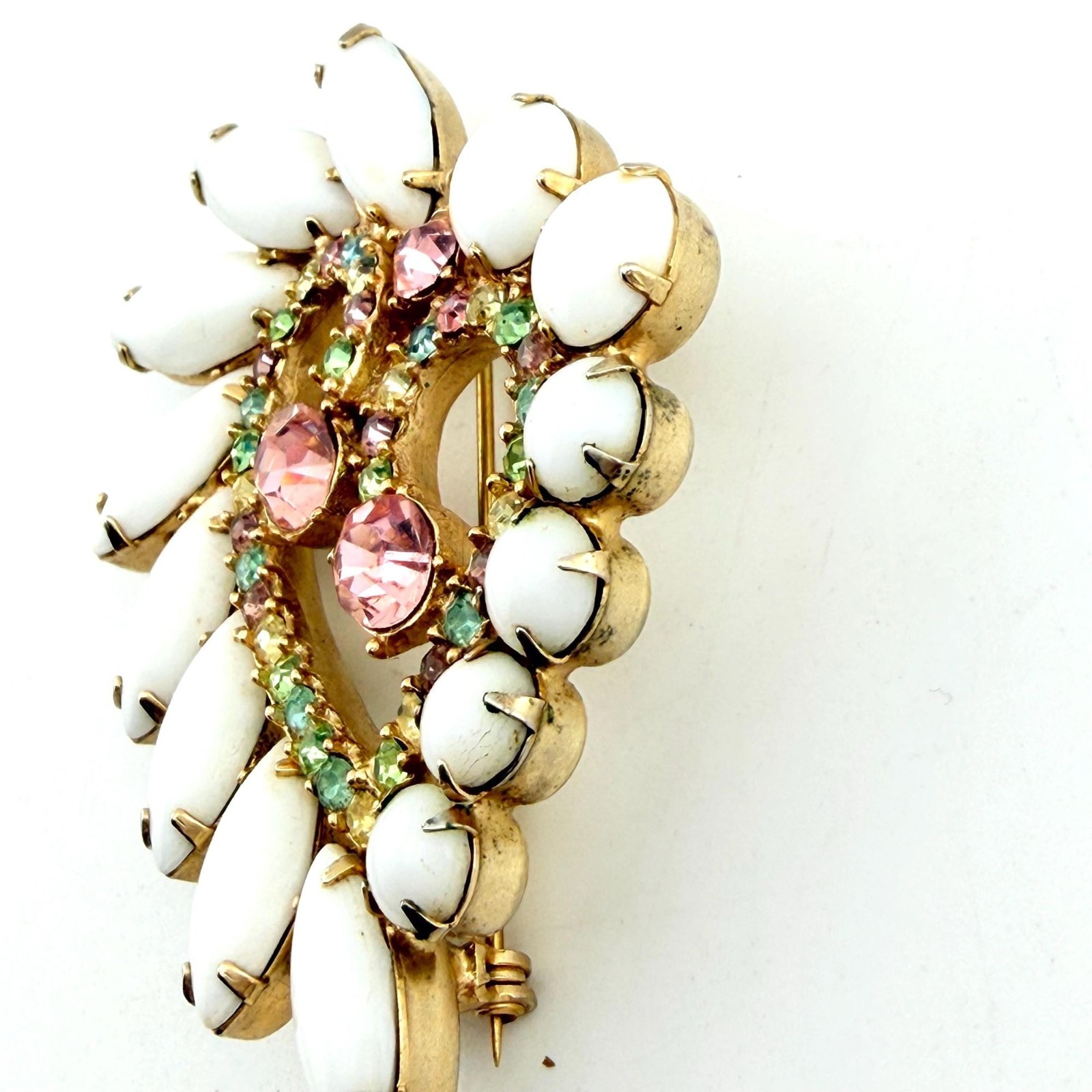 Vintage Juliana White Milk Glass Heart Brooch Rhinestone Green Pink Costume Gift