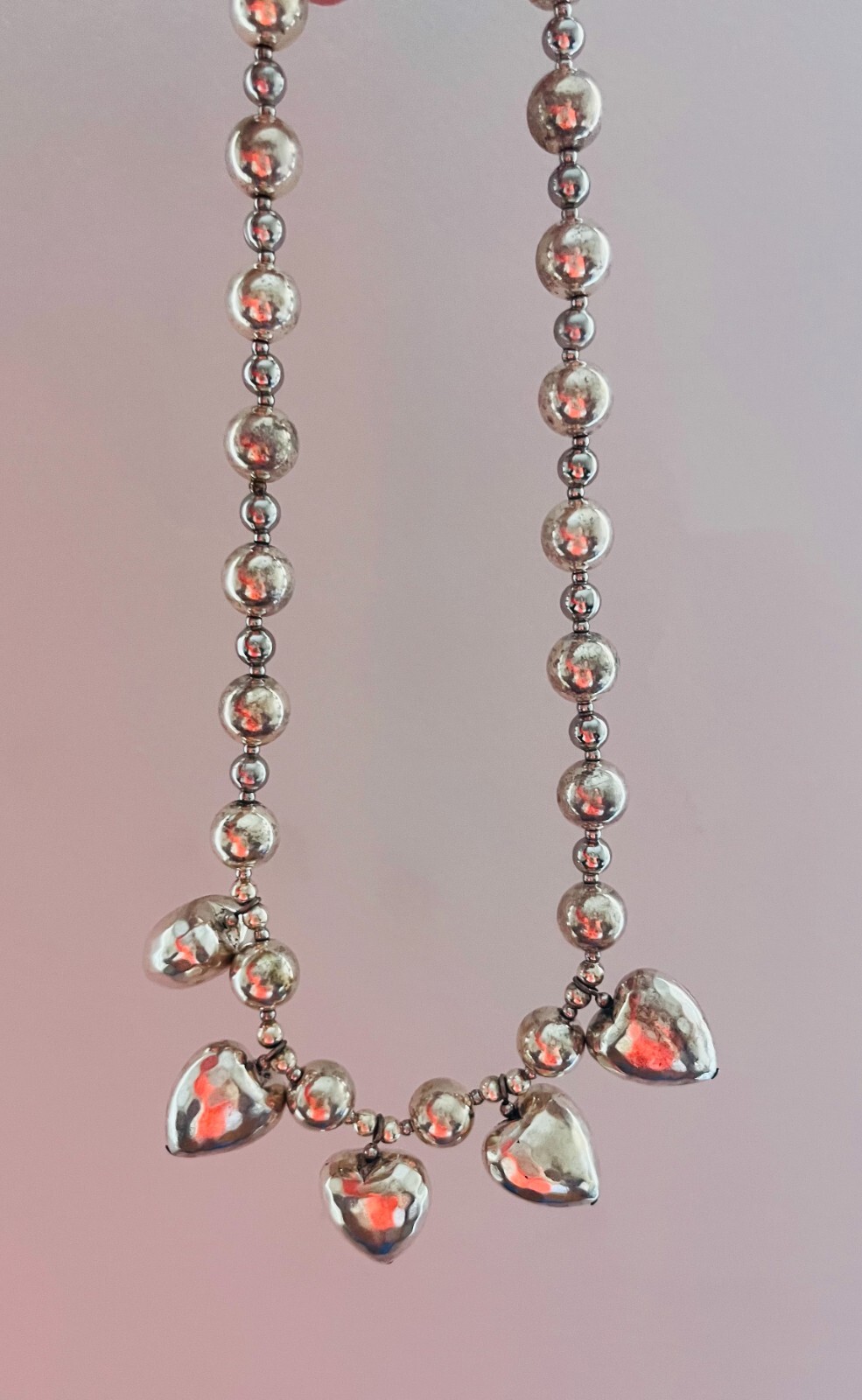 Vintage 1980s Puffy Hearts Beaded Station Silver Tone 16″ Necklace