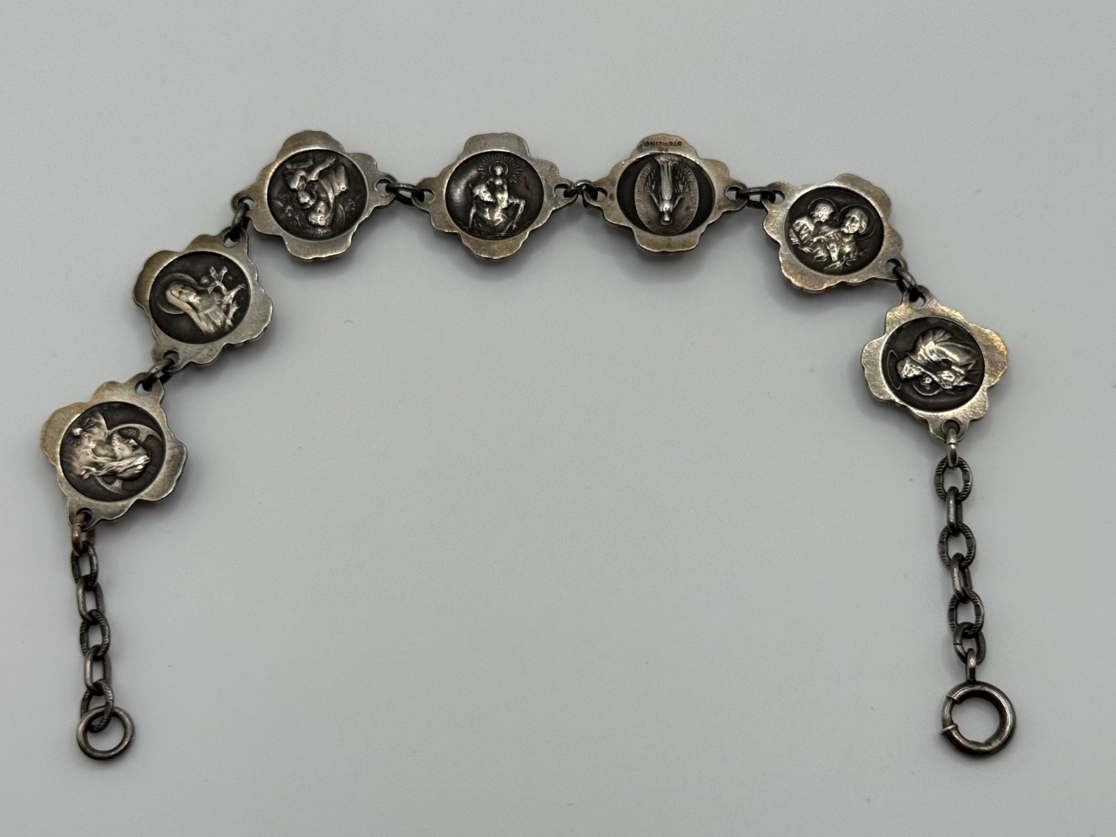 Vintage HVH Sterling Silver Rosary Catholic Saints Rose Panel Link Bracelet