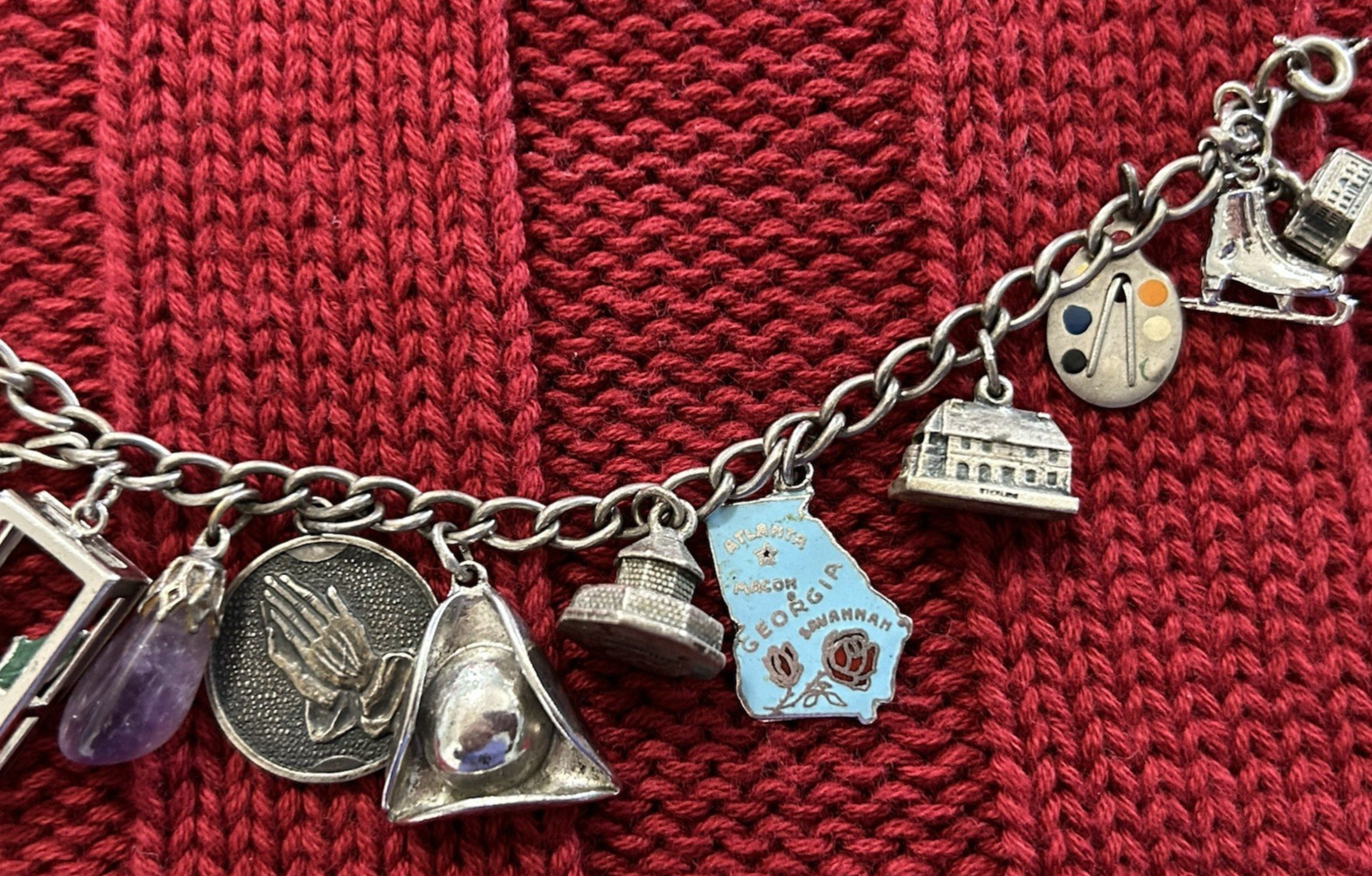 Vtg Sterling Silver Charm Bracelet w 15 Travel Buildings State Diploma UTC 47g
