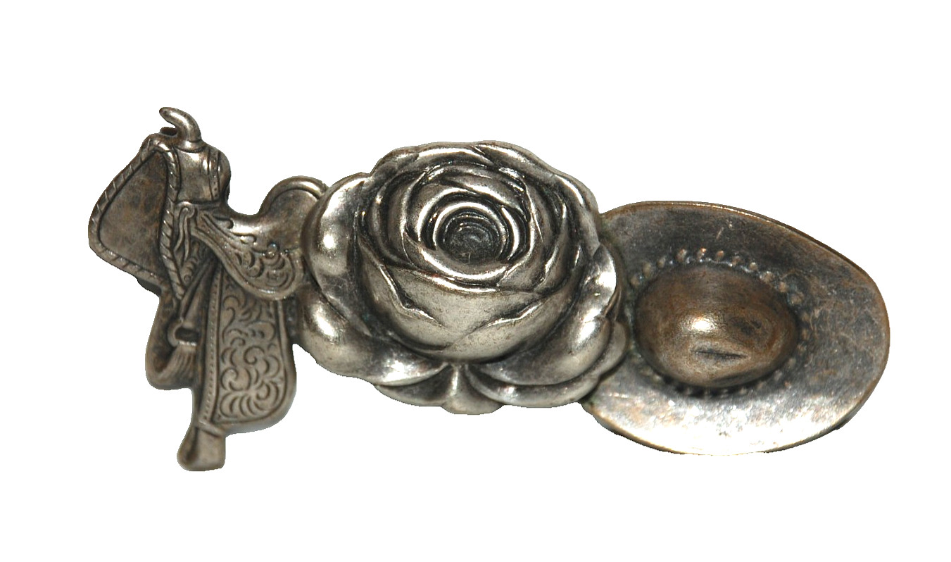 Saddle Rose Cowgirl Hat Western Brooch Pin Metal Silver Tone 1980’s Jewelry
