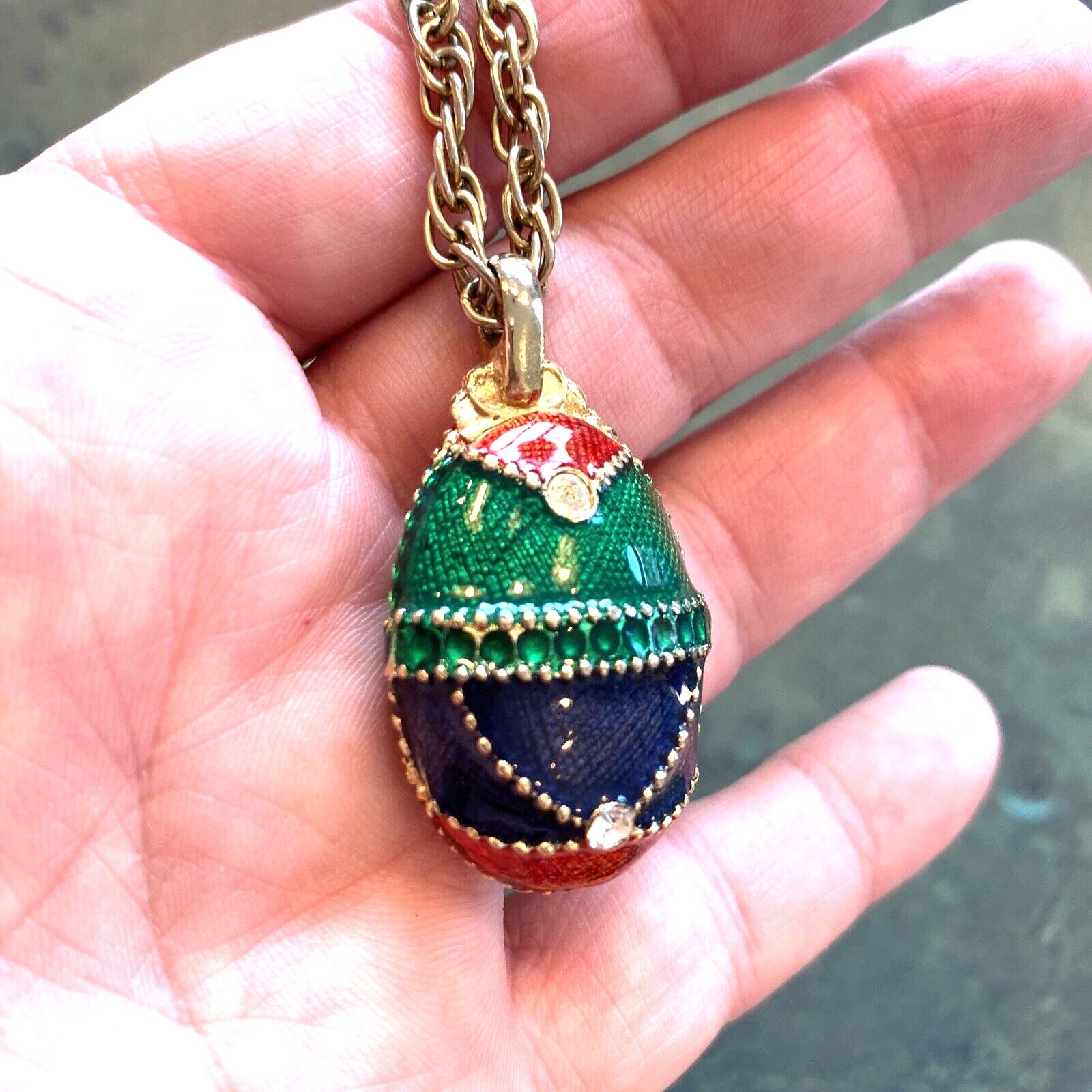 Vintage Chain Necklace Egg Shaped Pendant Unique Gold & Colored Enamel Finish