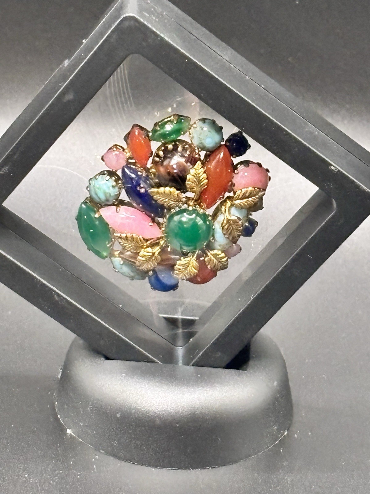Vintage Czech Glass Multicolor Multi Shape Rhinestone Brooch Gold Tone Leaves