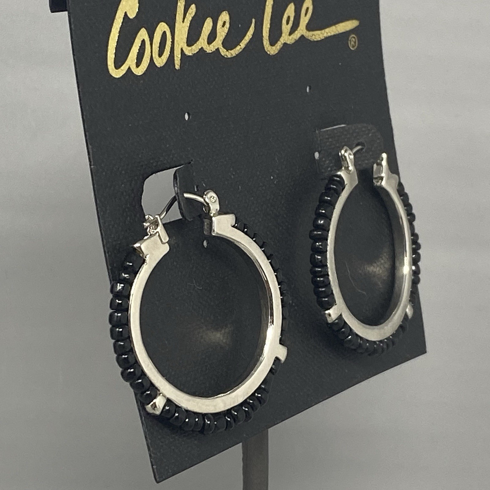 Cookie Lee Hoop Earrings Silver Tone Black Beads Dangle Drop Pierced NOS 1.5″