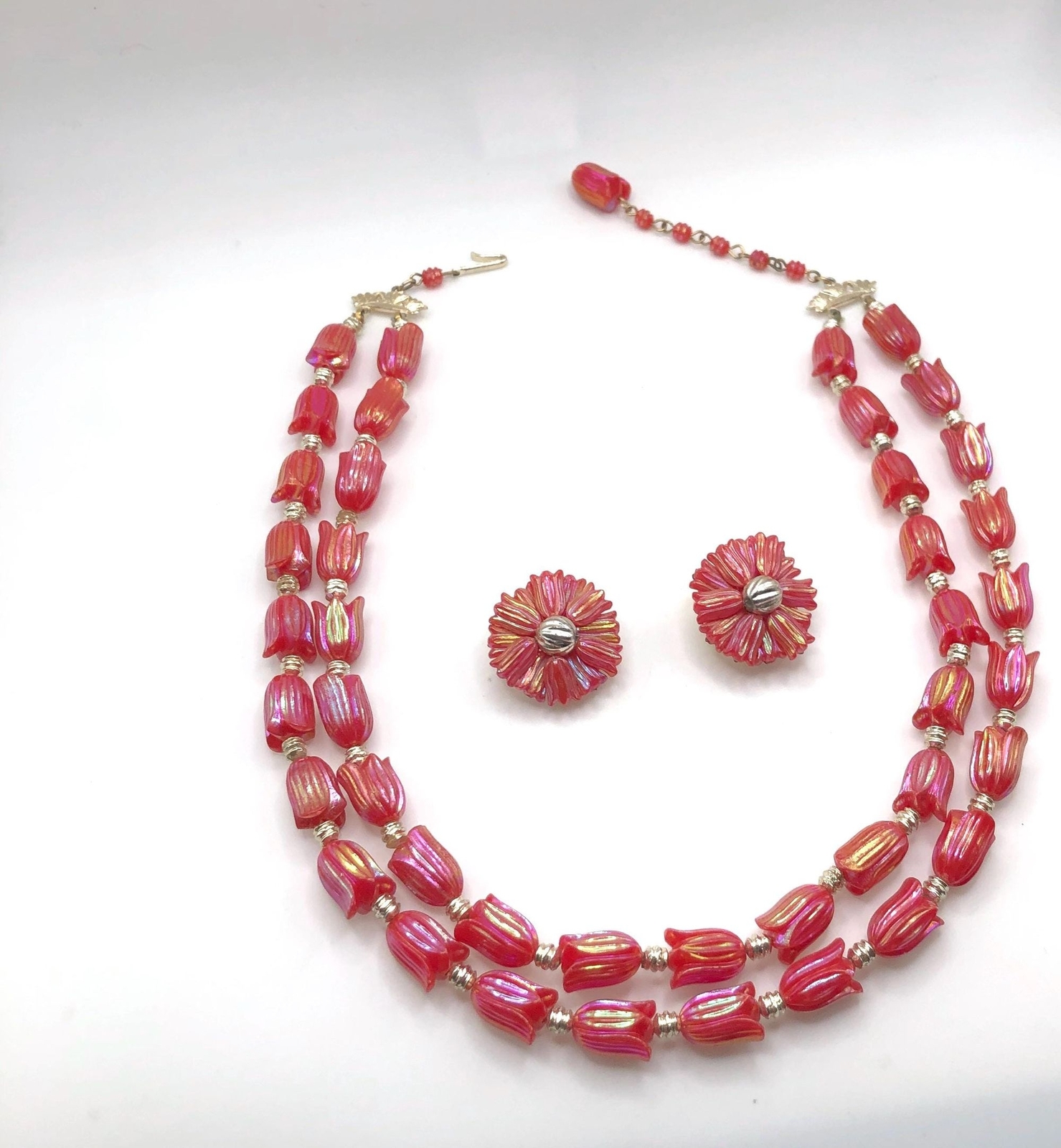 Vintage red iridescent tulip bead two strand necklace and earrings