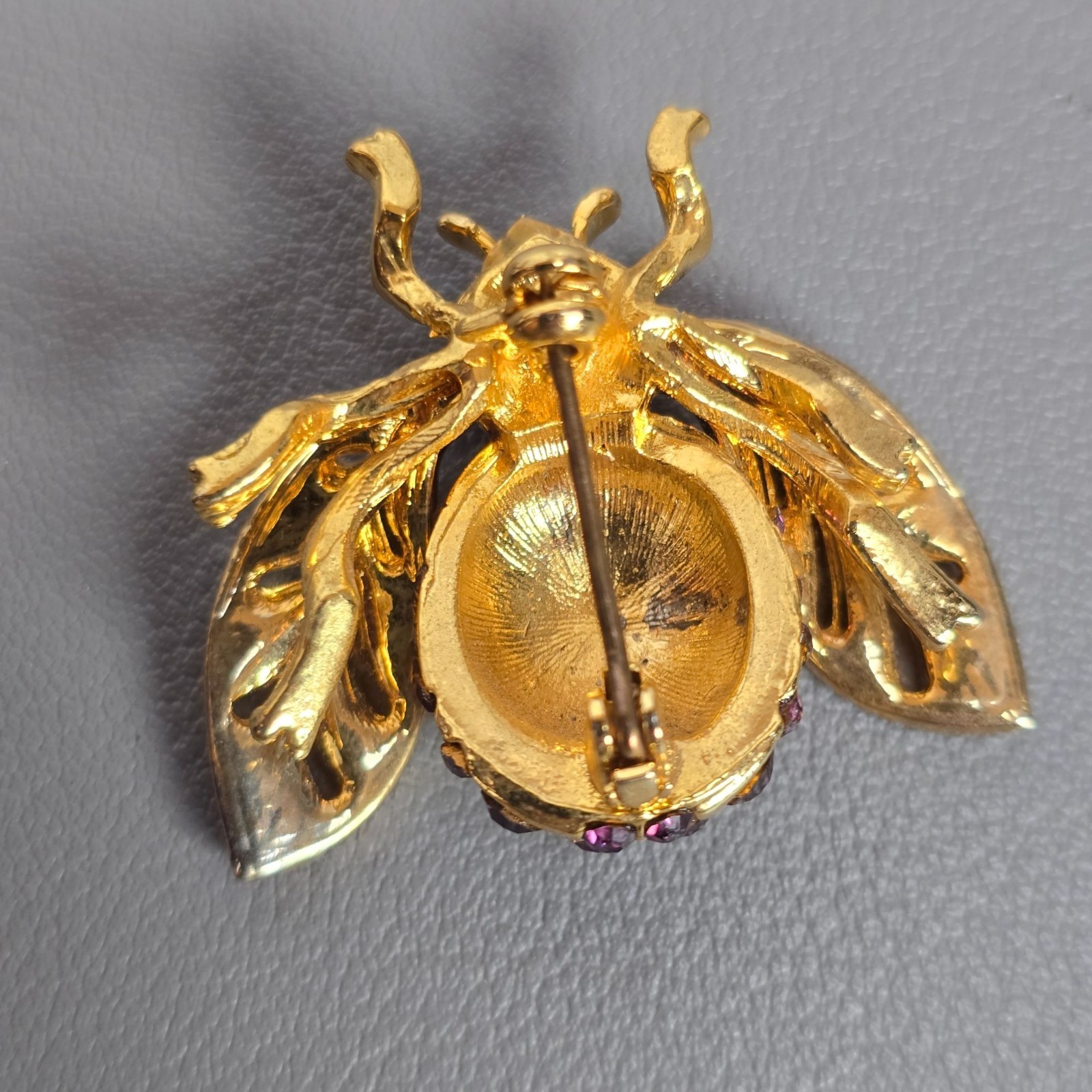 Cool Gold-Tone Bee Bug Brooch Pin W/ Purple Green & White Rhinestone Crystals