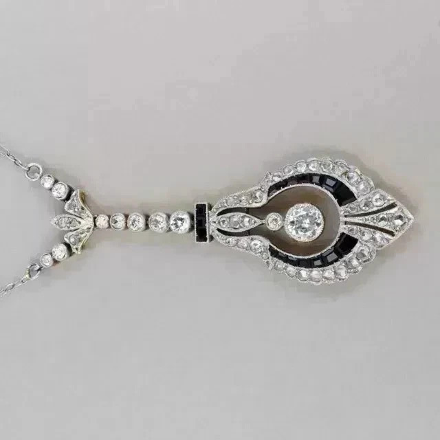 Art Deco Style Lab Created Diamond & Onyx Anniversary 14K White Gold FN Pendant