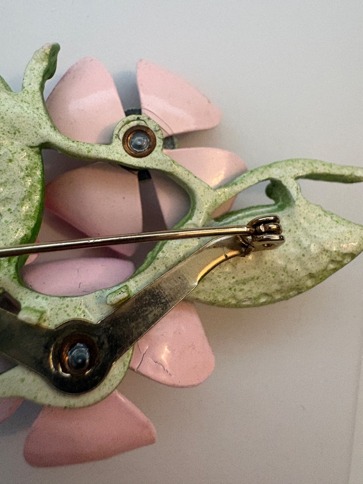 Vintage Pink and Green Enamel Dogwood Flower Brooch