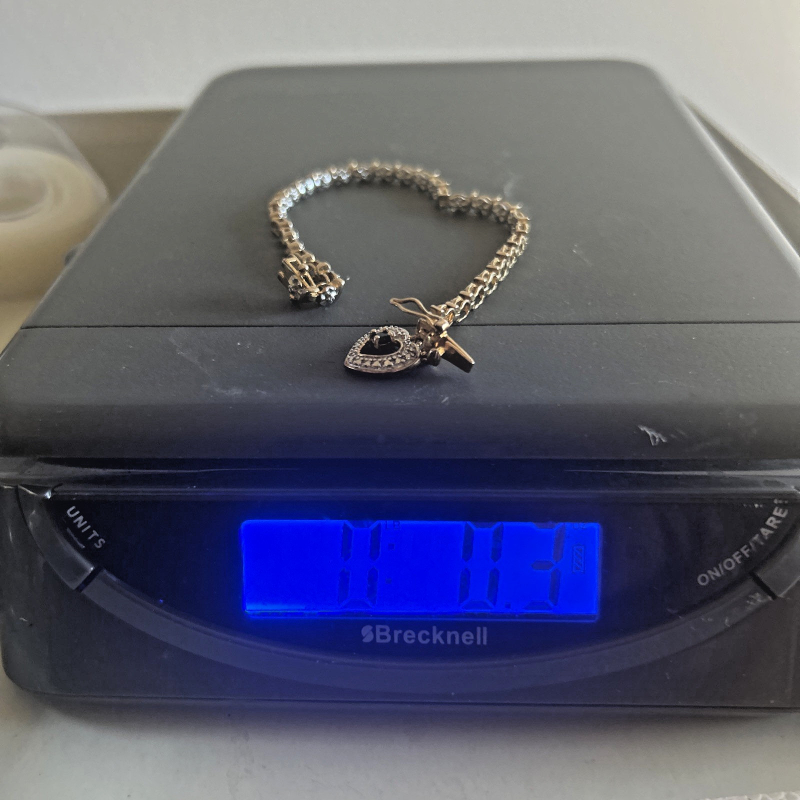 VTG 14K Gold over .925 Silver 7.5″ Tennis Bracelet-sapphire heart charm-Art Deco