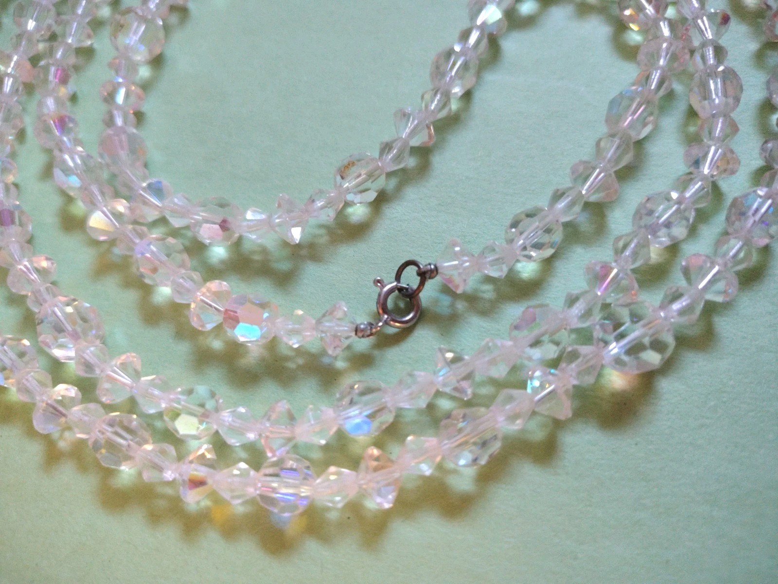 Vintage VERY LONG Faceted CLEAR CRYSTALS Beaded Chain Necklace